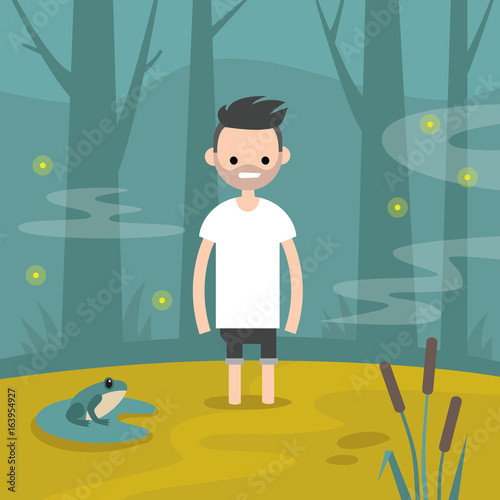 Young character stuck in the swamp / flat editable vector illustration, clip art