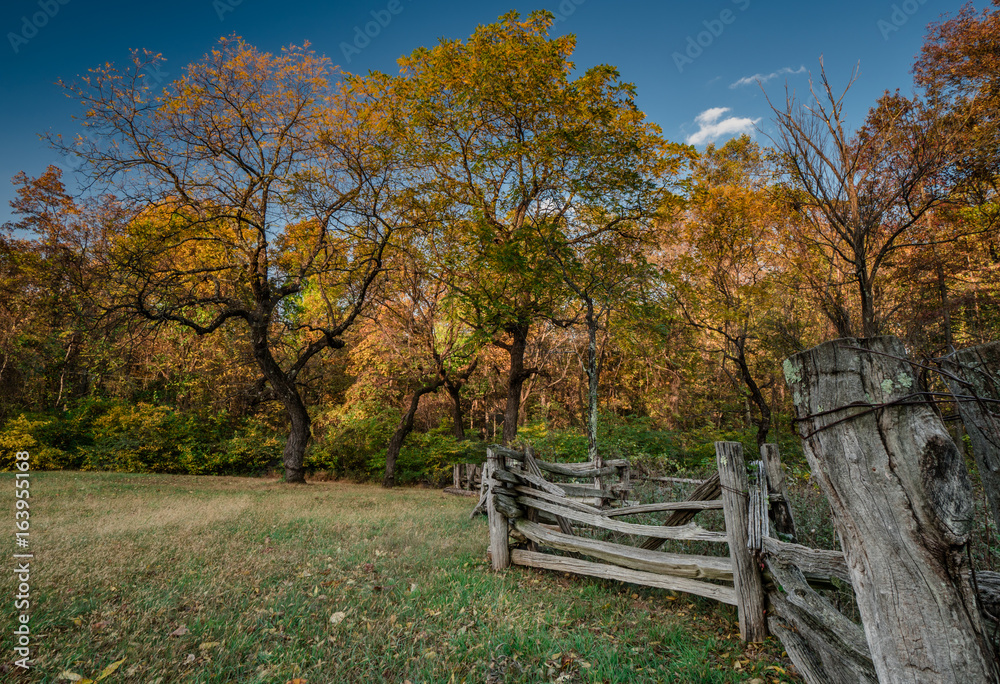 rustic wooden fence with a field and trees in fall colors in the Shenandoah Valley in Virginia near Skyline Drive