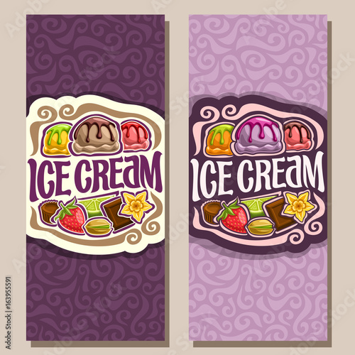 Vector vertical banners for Ice Cream: 2 template leaflet with purple abstract background, vintage presentation brochure for ice cream cafe, scoop balls fruit ice cream topping lime & chocolate sauce.