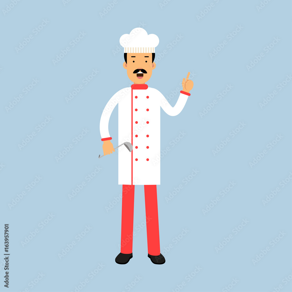 Male chef cook character in uniform standing with ladle and showing hand gesture with a raised index finger vector Illustration Male chef cook character in uniform standing with ladle and showing hand gesture with a raised index finger vector Illustration