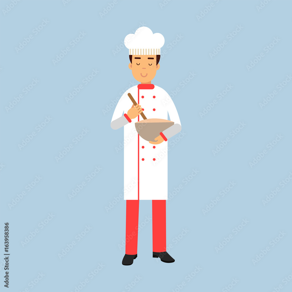 Male chef cook character in uniform holding mixing bowl and a whisk vector Illustration