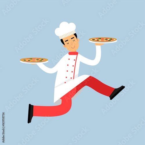 Male chef cook character in uniform running with two plates of pizza vector Illustration