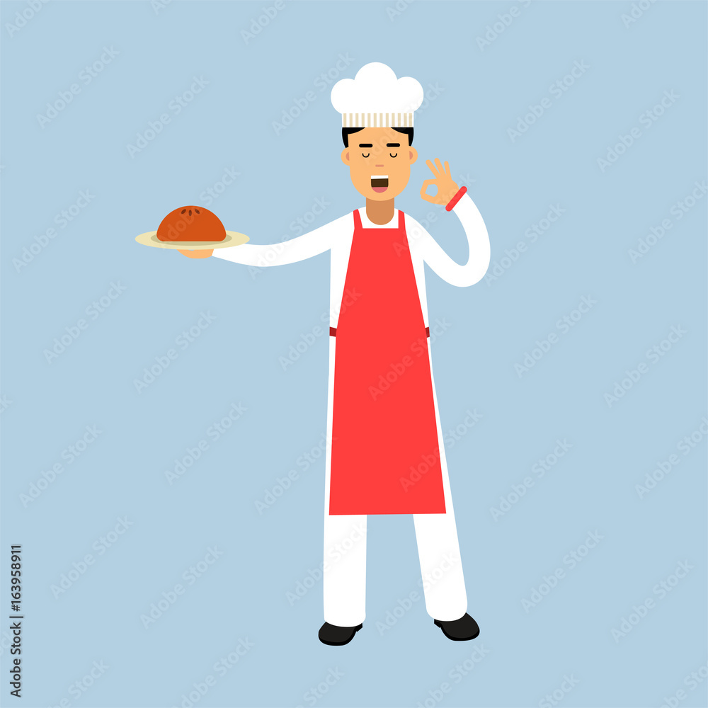 Male chef cook character in uniform holding a cake on a plate and giving a perfect ok delicious cook gesture vector Illustration Male chef cook character in uniform holding a cake on a plate and giving a perfect ok delicious cook gesture vector Illustration