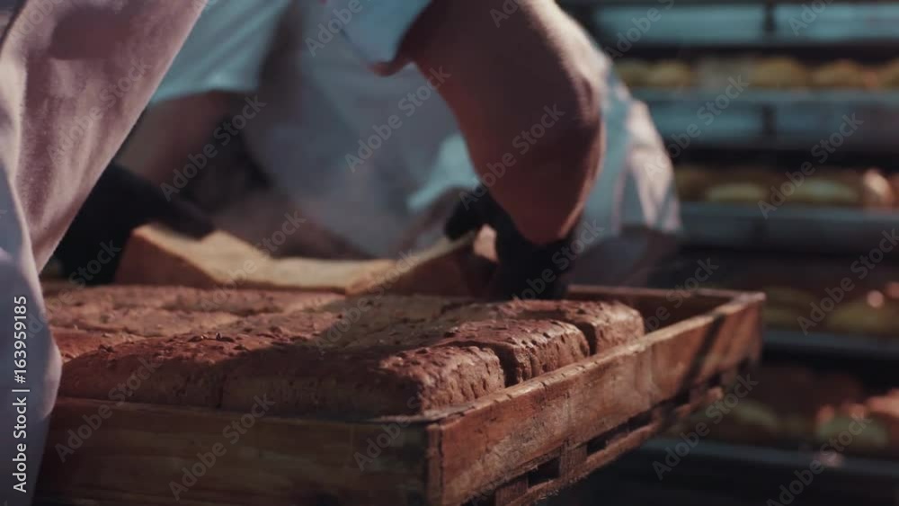 Close up view of man’s hands putting steaming loaves of hot ready-made bread onto the cooling rack in bright sunshine. Team work, cooperation. Delicious nutrition, bread-baking manufacture. Close up view of man’s hands putting steaming loaves of hot ready-made bread onto the cooling rack in bright sunshine. Team work, cooperation. Delicious nutrition, bread-baking manufacture.