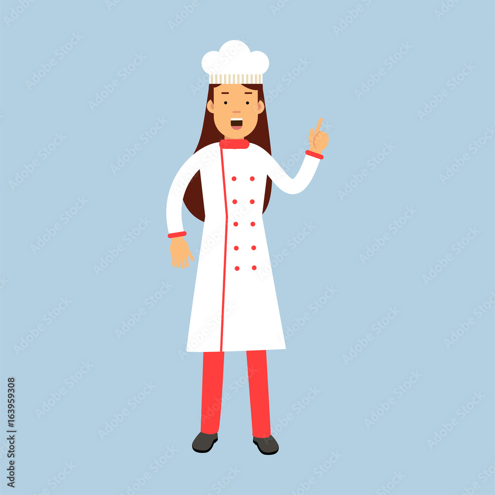 Female chef cook character in uniform showing hand gesture with a raised index finger vector Illustration Female chef cook character in uniform showing hand gesture with a raised index finger vector Illustration