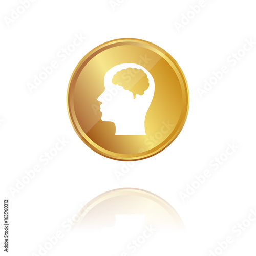 Kopf mit Gehirn - Gold Münze mit Reflektion