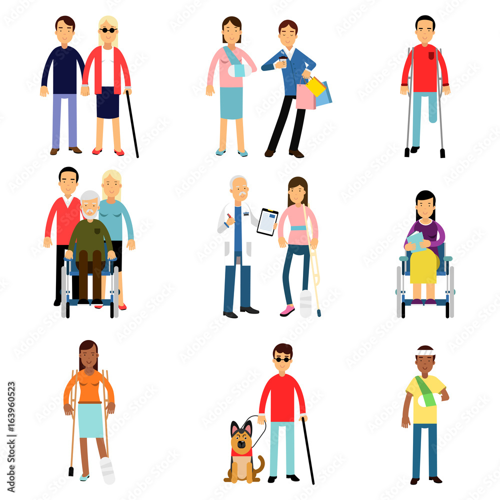 Disabled men and women characters getting medical treatment, health care assistance and accessibility vector Illustrations Disabled men and women characters getting medical treatment, health care assistance and accessibility vector Illustrations