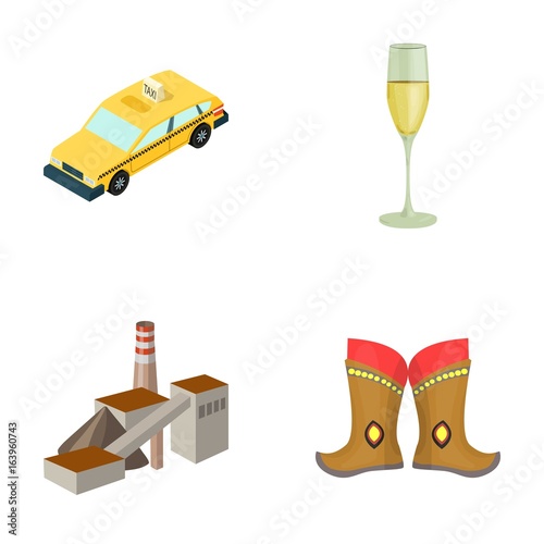 Taxi, glass of wine and other web icon in cartoon style. factory, boots icons in set collection.