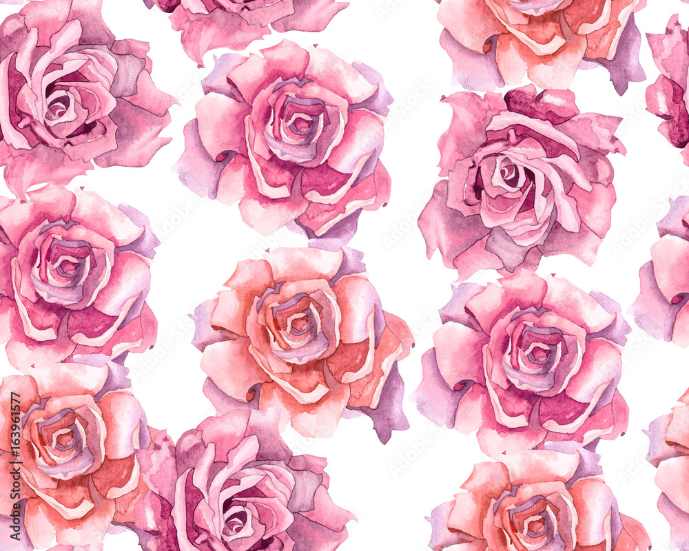 Pink Roses With Leaves Painted In Watercolor Pattern Pink Roses With Leaves Painted In Watercolor Pattern