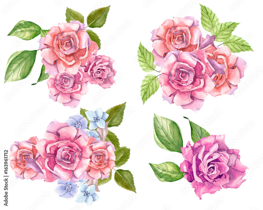 Naklejka premium Pink Roses With Leaves Painted In Watercolor