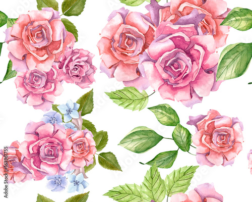 Pink Roses With Leaves Painted In Watercolor Pattern