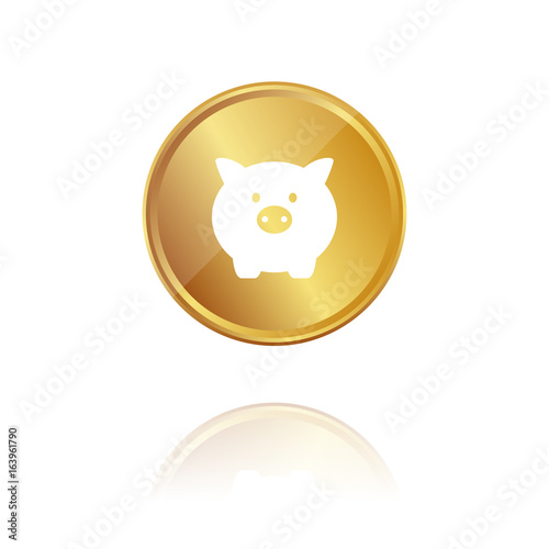 Schwein - Sparschwein - Gold Münze mit Reflektion