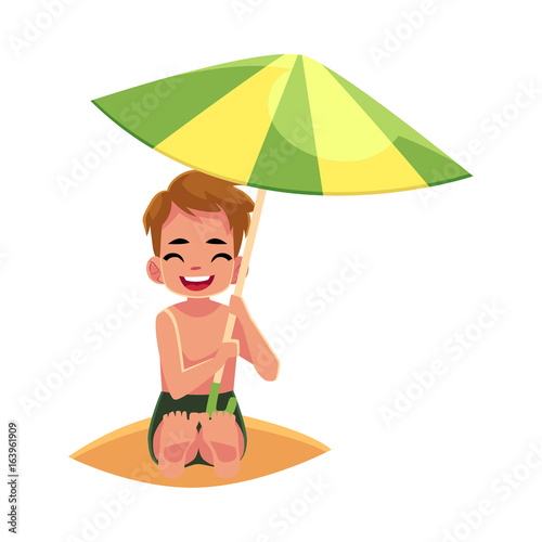 Happy little boy hiding from sun under big beach umbrella, cartoon vector illustration isolated on white background. Little boy, child, kid sitting on the beach under big umbrella