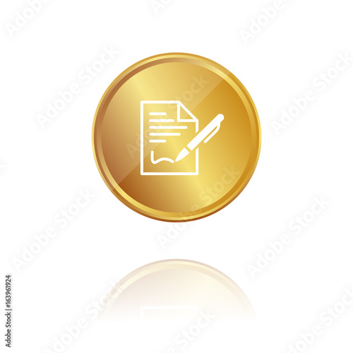 Unterschrift - Vertrag - Gold Münze mit Reflektion