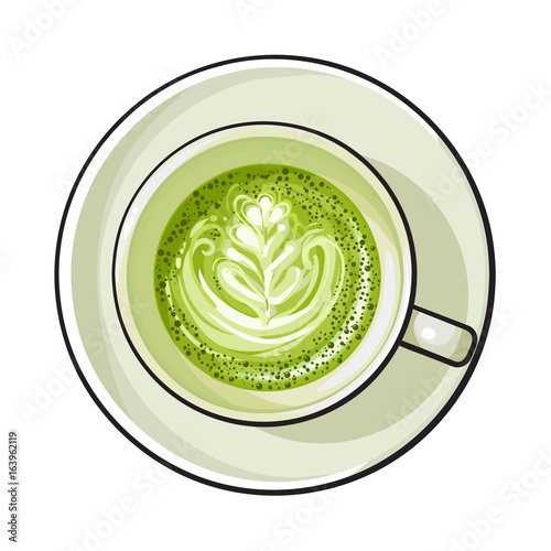 Hand drawn matcha green tea latte, cappuccino drink, top view sketch vector illustration isolated on white background. Hand drawn cup of matcha tea latte drink, top view illustration