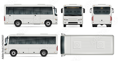 Minibus vector template for car branding and advertising. Isolated city mini bus set on white. All layers and groups well organized for easy editing and recolor. View from side, front, back, top. photo