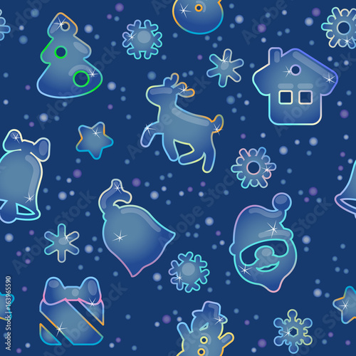 Seamless pattern for Christmas on blue background / Pattern from Christmas symbols and snowflakes like icy figures
