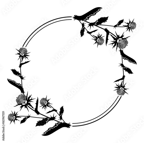 Round frame with thistle silhouette. Vector clip art.