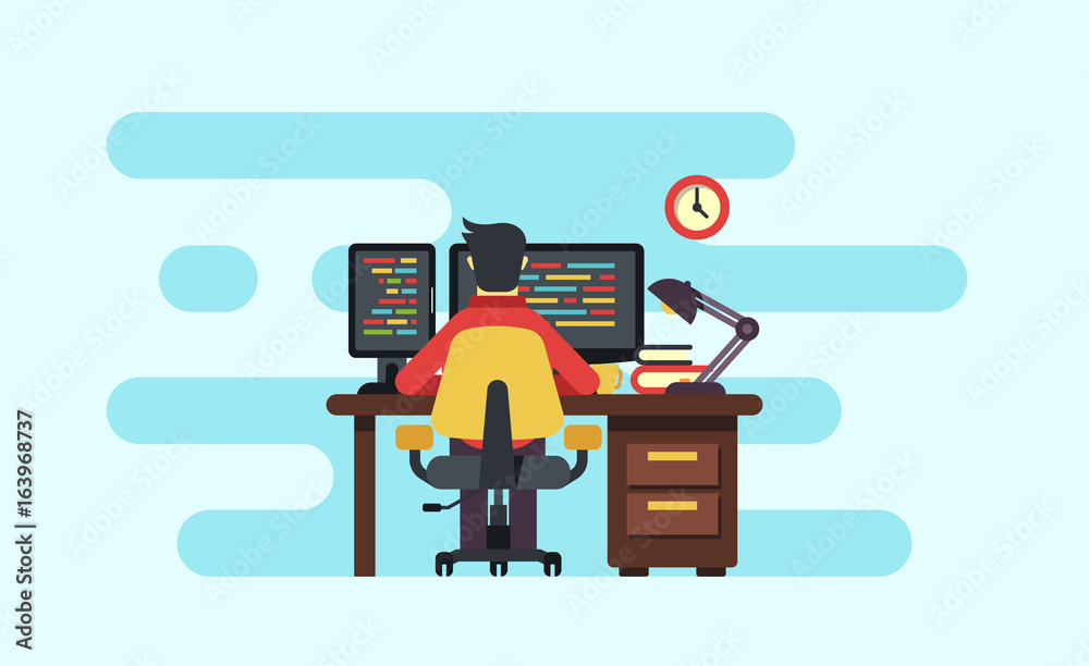 programmer working on multi display computer sitting on chair ...