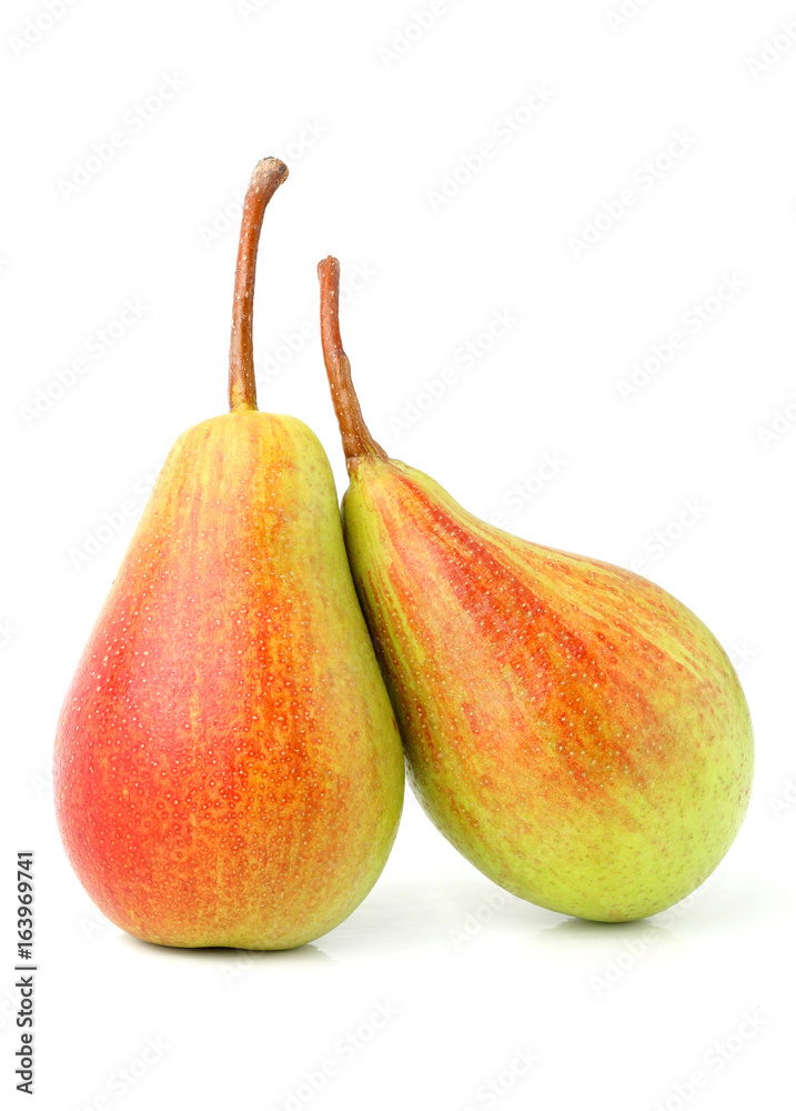 Two ripe red yellow pear closeup. Two ripe red yellow pear closeup.