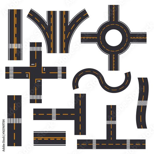 Road elements street transport asphalt line way footpath ring infinity and turns vector illustration.