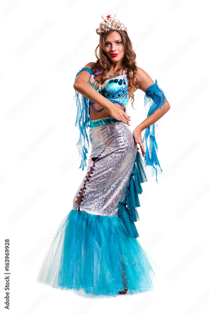 Carnival dancer woman dressed as a mermaid posing, isolated on white Carnival dancer woman dressed as a mermaid posing, isolated on white