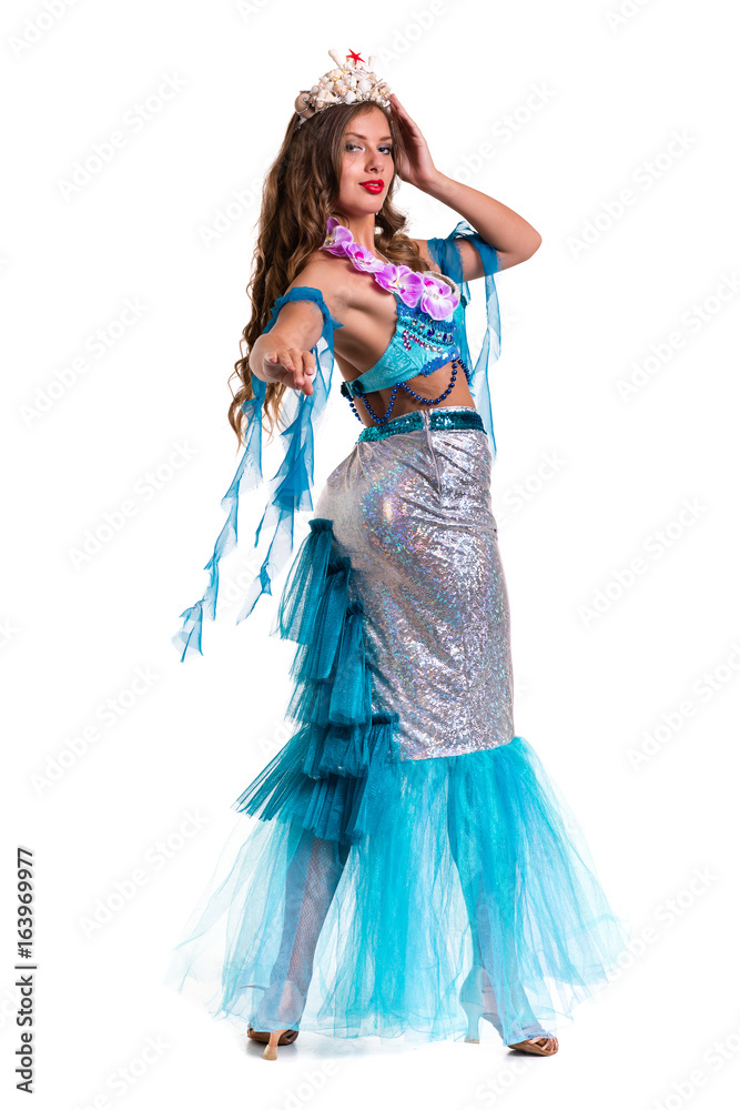 Carnival dancer woman dressed as a mermaid posing, isolated on white