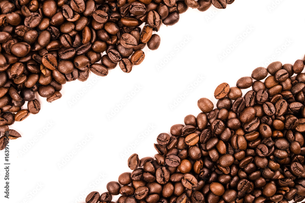 Roasted Coffee Beans background texture isolated on white background with copy space for text Roasted Coffee Beans background texture isolated on white background with copy space for text
