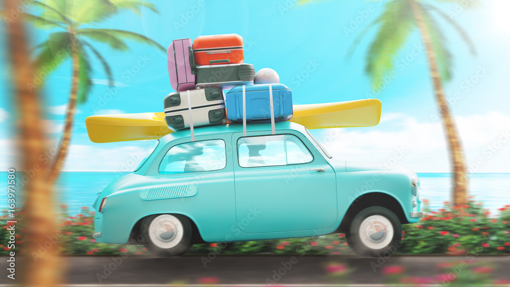 Illustrazione Stock Vacanze al mare, auto con bagagli sul tetto | Adobe  Stock
