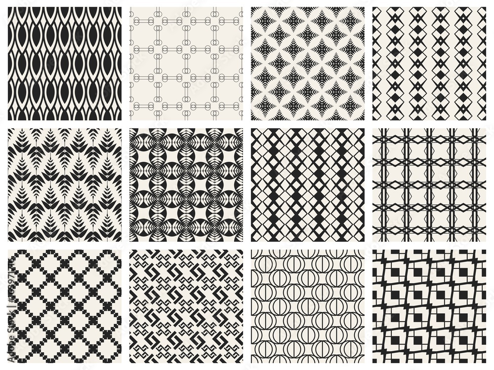 Abstract concept vector monochrome geometric pattern. Black and white minimal background. Creative illustration template. Seamless stylish texture. For wallpaper, surface, web design, textile, decor.