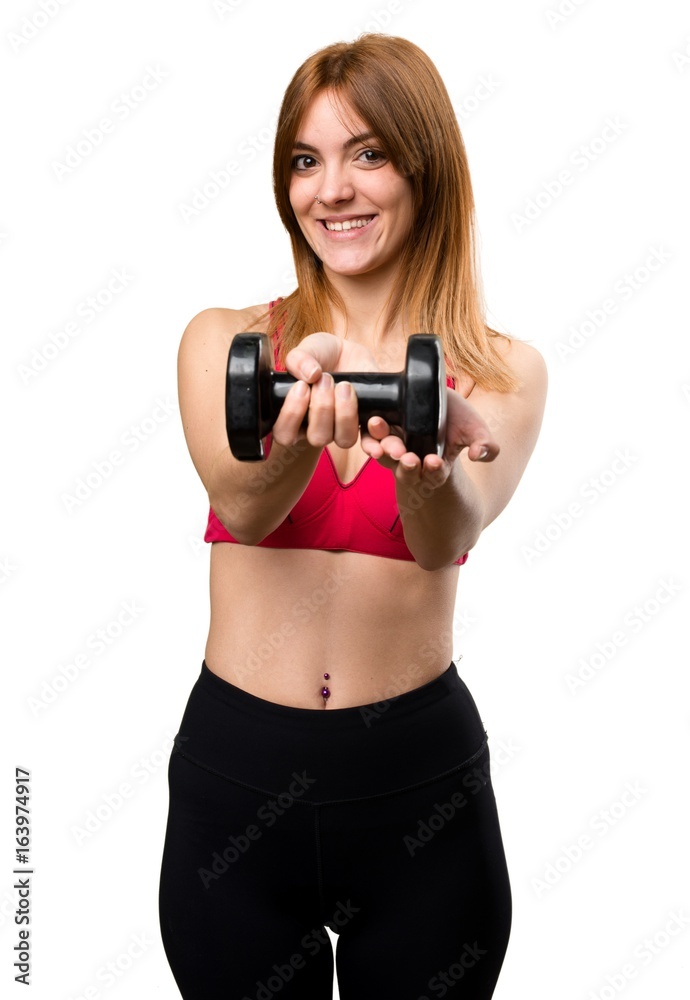 Happy beautiful sport woman with dumbbells Happy beautiful sport woman with dumbbells