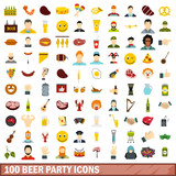 100 beer party icons set, flat style