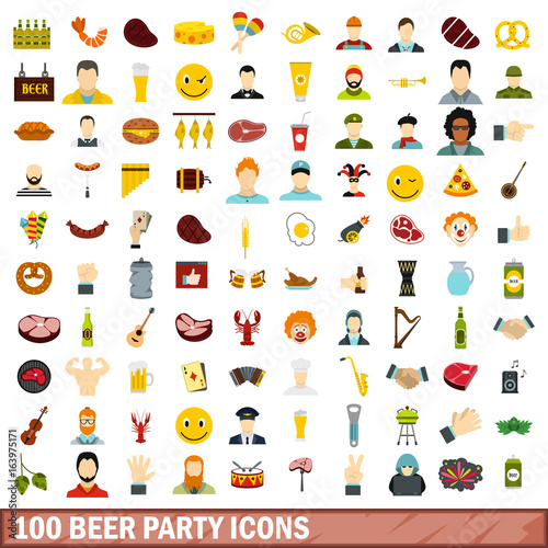 Fototapeta Naklejka Na Ścianę i Meble -  100 beer party icons set, flat style