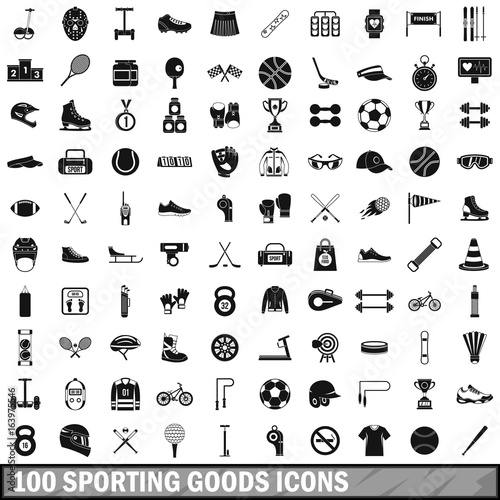 100 sporting goods icons set, simple style 