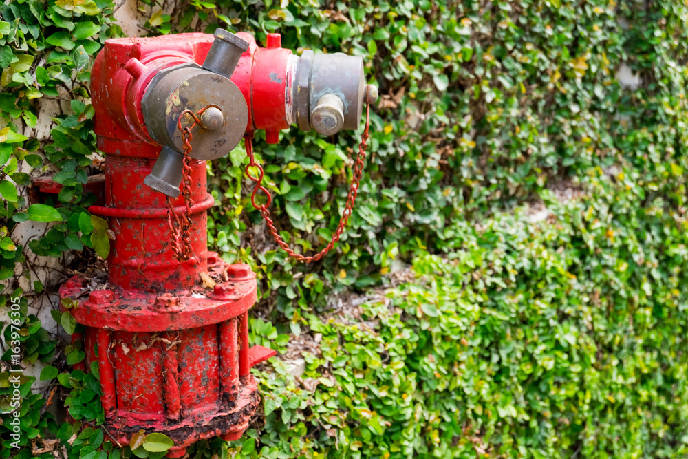old fire hydrant, red and golden on wall old fire hydrant, red and golden on wall
