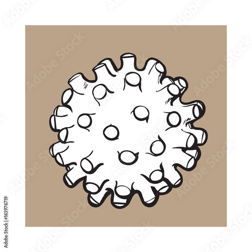 Pet, cat, dog rubber spiked toy ball, black and white sketch style vector illustration isolated on brown background. Hand drawn illustration of spiked rubber ball for pet, dog, cat