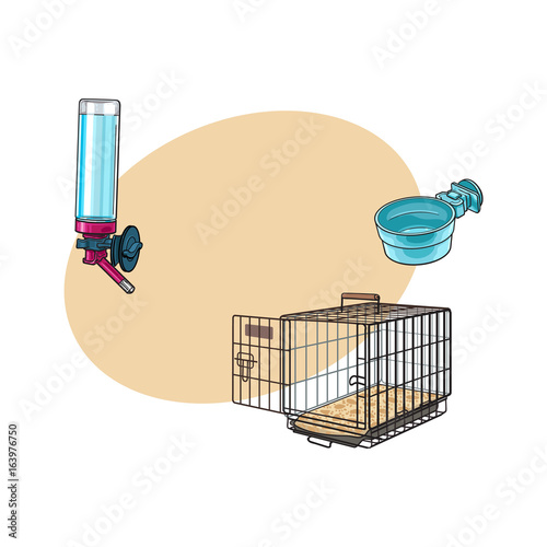 Metail wire pet travel carrier, feeding bowl and refillable drinker, sketch vector illustration with space for text. Hand drawn Metal wire cage, carrier, bowl, drinker for pet transportation