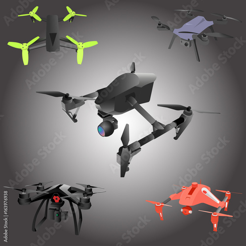Set of cartoon drones. Isometric. Vector illustration.