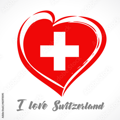 Love Switzerland flag emblem greeting card. Vector illustration for 1 st august Switzerland day lettering banner background with national flag colors in heart