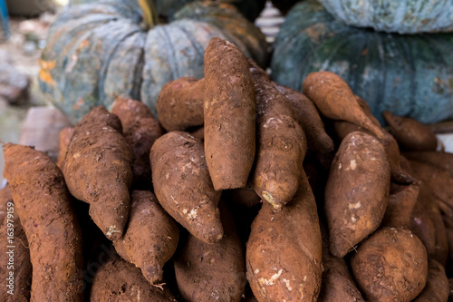 Vegetable market with a pile of Sweet potatoes, yams and similar edible roots in shop