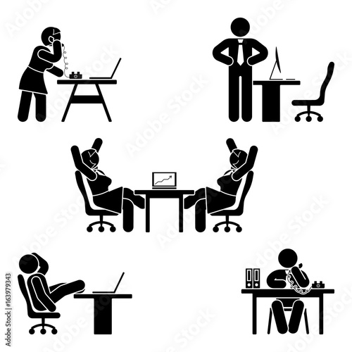Stick figure office poses set. Business finance workplace support. Working, sitting, talking, meeting, training, discussing vector pictogram