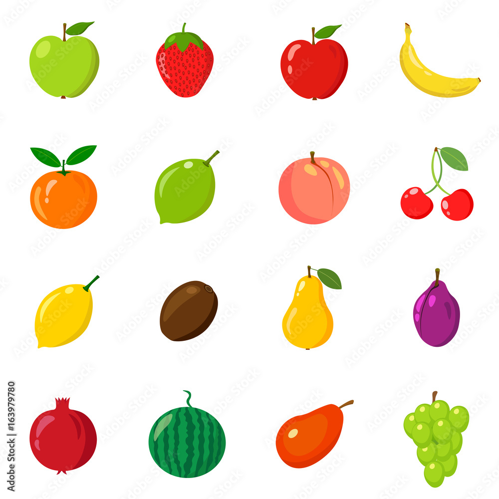 Set of fruits in different style. Line, flat, cartoon. White background. Vector illustration. Set of fruits in different style. Line, flat, cartoon. White background. Vector illustration.