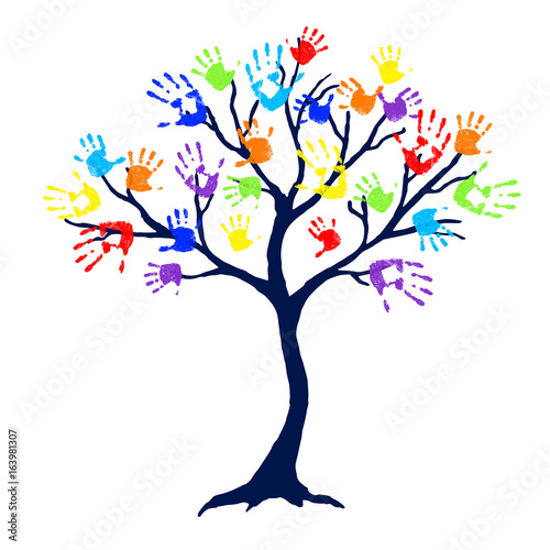 Abstract tree with bright and colorful family hand prints as leaves on white background. Vector illustration.