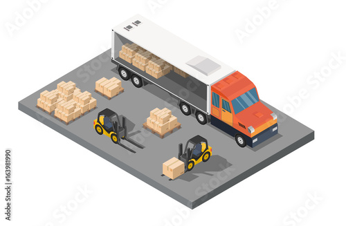 Isometric truck delivery loading logistic goods background