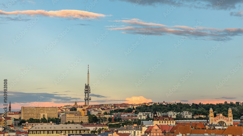 View from the Powder Tower on the Prague landscape on a sunny day with the famous Zizkov TV tower on the horizon