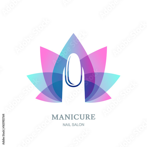 Female nail on purple lotus flower leaves background. Vector logo, label, emblem design element. Concept for beauty salon, manicure, cosmetic and hand care.
