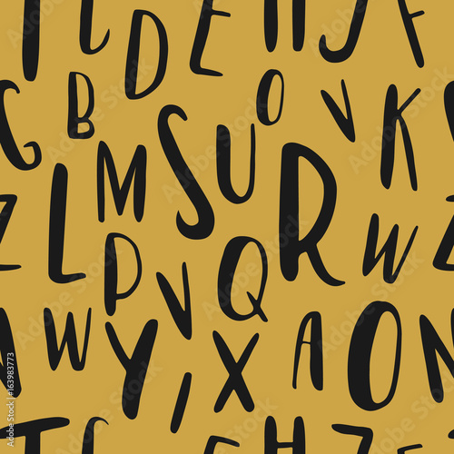 Unique hand drawn latin alphabet seamless pattern. Cute vector ABC diferent size letters drawn by hand.