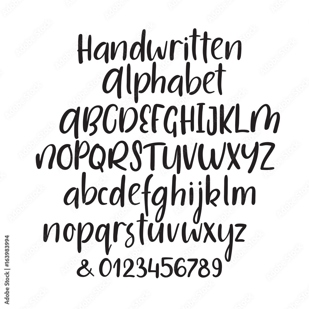 Modern calligraphy alphabet. Handwritten brush letters. Uppercase, lowercase, numbers. Hand lettering font for your design: wedding calligraphy, logo, slogan, window decor, postcard, greeting card Modern calligraphy alphabet. Handwritten brush letters. Uppercase, lowercase, numbers. Hand lettering font for your design: wedding calligraphy, logo, slogan, window decor, postcard, greeting card