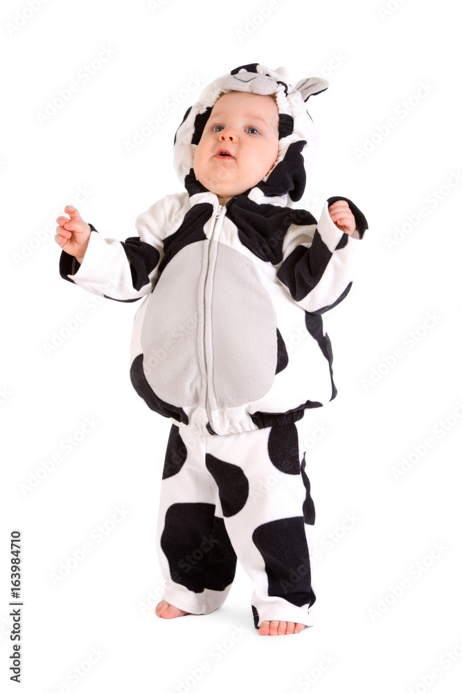 A baby in a fancy dress cow costume on a white background Stock Photo |  Adobe Stock