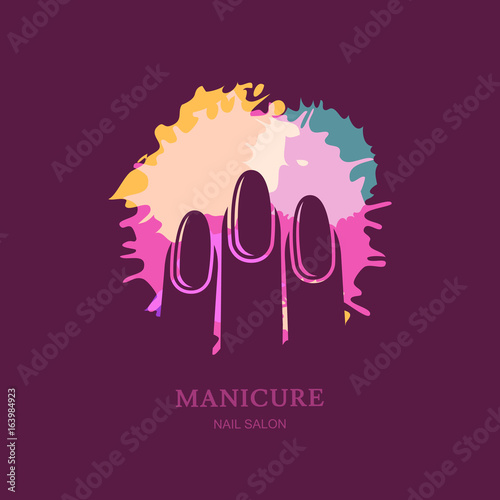 Female hand on color nail polish splash background. Vector logo, label, emblem design elements. Concept for beauty salon, manicure, cosmetic and hand care.